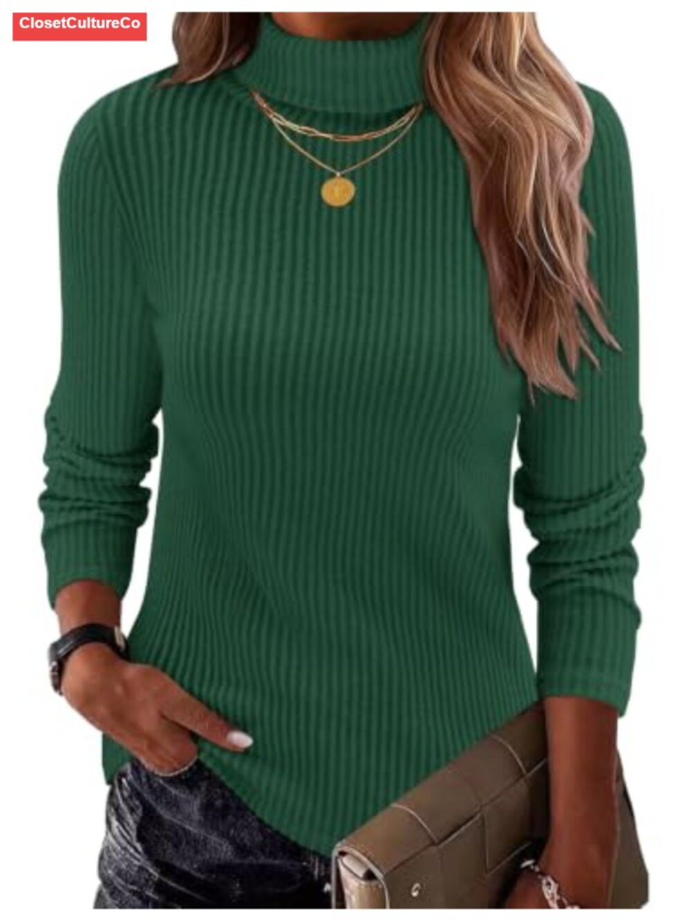 Turtleneck Long Sleeve Ribbed Knit Pullover Sweater Fitted Lightweight